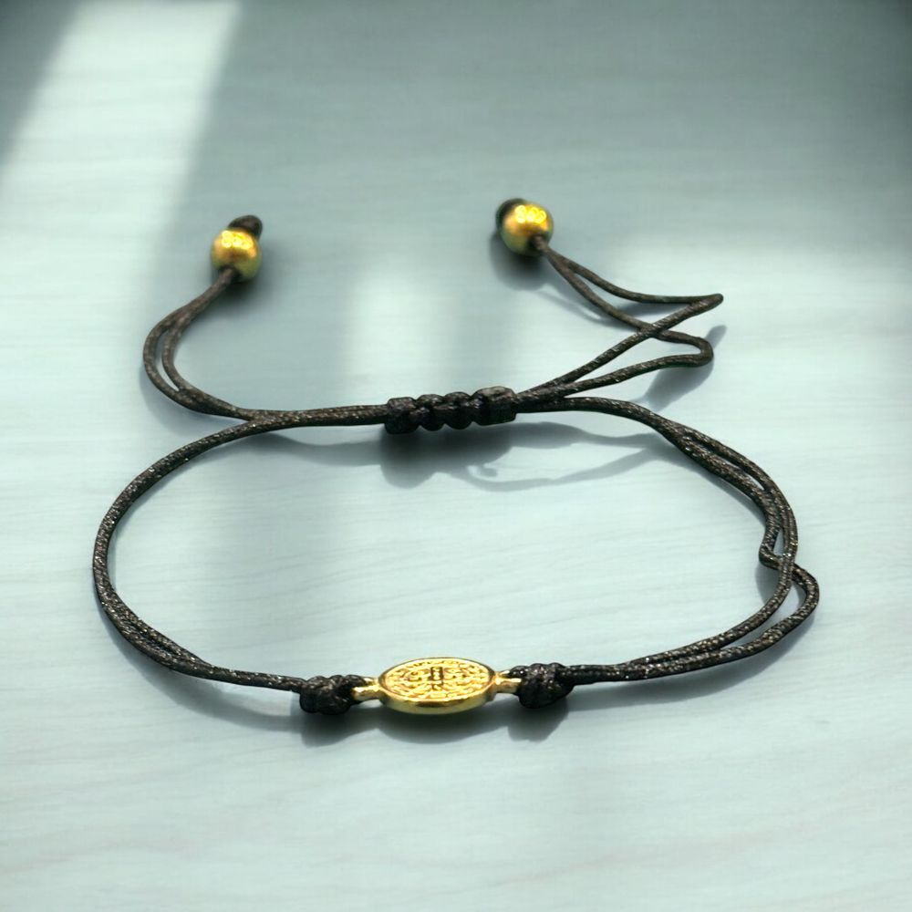 Adjustable Black Cord Bracelet with Gold-Tone Medallion